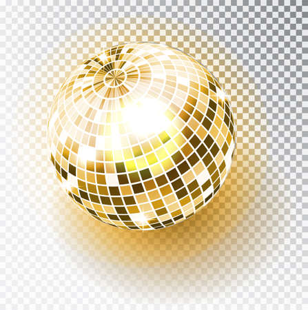 Disco ball isolated illustration. Night Club party light element. Bright mirror golden ball design for disco dance club. Vector illustration.のイラスト素材