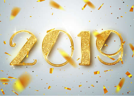 2019 Happy new year. Gold Numbers Design of greeting card of Falling Shiny Confetti. Gold Shining Pattern. Happy New Year Banner with 2019 Numbers on Bright Background. Vector illustrationのイラスト素材