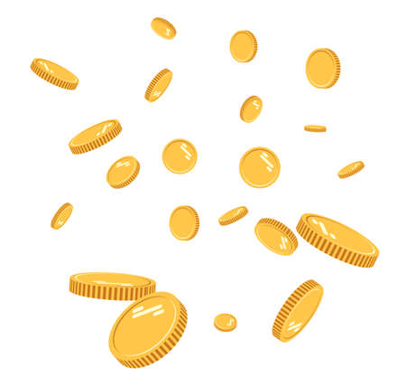 Gold coins explosion flat vector. Gold coins Pattern with the effect floating in the air in a cartoon style for designers . Successful financial planning, profitable small businesses. Digital currencyのイラスト素材