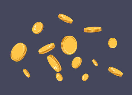 Gold coins explosion flat vector. Gold coins Pattern with the effect floating in the air in a cartoon style for designers . Successful financial planning, profitable small businesses. Digital currencyのイラスト素材