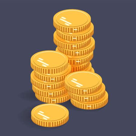 Gold stack coins. Vector isometric money icon on a colored background. Money flat icon in isometric style. Money gold coins stacks. Money illustration of wealth and condition. Money coinsのイラスト素材