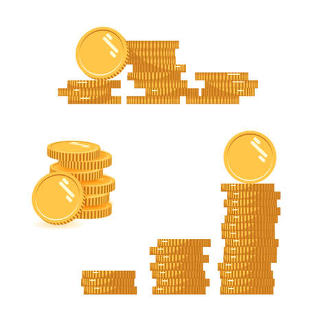 Coins stack set vector illustration, icon flat finance heap, dollar coin pile. Golden money standing on stacked, gold piece isolated on white background - flat styleのイラスト素材