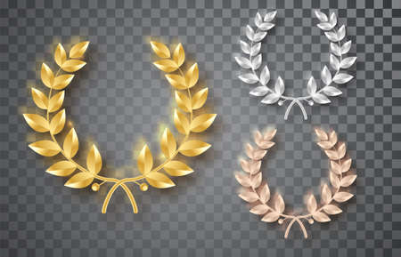 Award laurel set isolated on a transparent background. First, second and third place. Winner template. Symbol of victory and achievement. Gold laurel wreath. Realistic vector object isolatedのイラスト素材