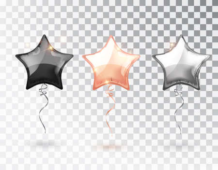 Star balloon on transparent background. Party helium balloons event design decoration. Balloons isolated air. Mockup for balloon print. Stocking Christmas decorations. Vector isolated object.のイラスト素材