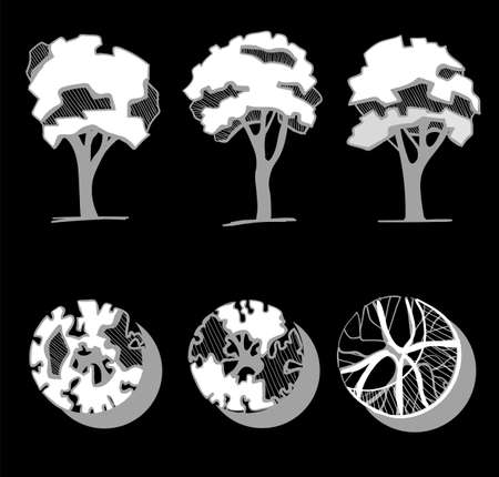 Trees for a landscape design. Different hand drawn trees isolated on black background, sketch, architectural drawing style trees set. Top and front view.のイラスト素材