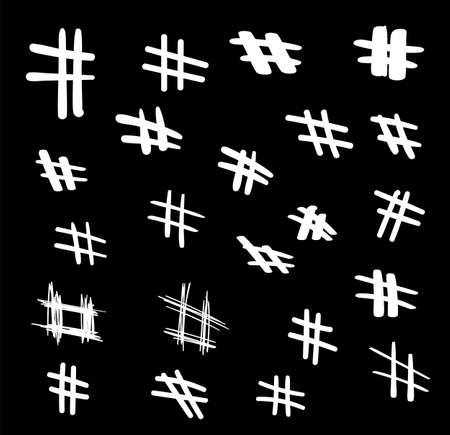 Hashtag signs set. Modern social symbols isolated on a white background. Collection hand painted hash tag symbols isolated on black background. Vector illustrationのイラスト素材