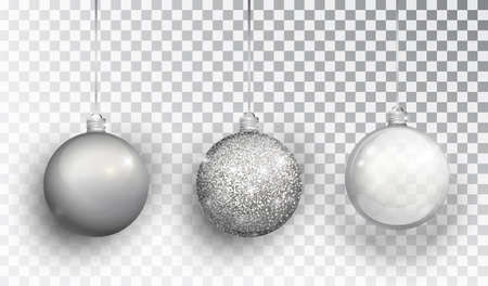 Silver Christmas tree toy set isolated on a transparent background. Stocking Christmas decorations. Vector object for christmas design, mockup. Vector realistic object Illustration 10 EPSのイラスト素材