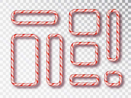 Christmas Candy Frame isolated set. Blank Christmas design, realistic red and white twisted cord frame. New Year 2019. Holiday design, decor. Vector illustrationのイラスト素材
