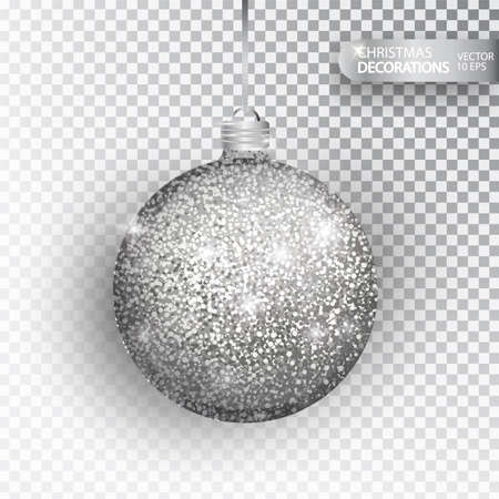Christmas bauble silver glitter isolated on white. Sparkling glitter texture bal, holiday decoration. Stocking Christmas decorations. Silver hanging bauble. Vector illustration.のイラスト素材