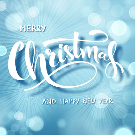 Blue Christmas Text, hand drawn lettering. Holiday greetings quote. Blue blurred background with falling snow effect. Great for Christmas and New year cards, posters, gift tags.のイラスト素材