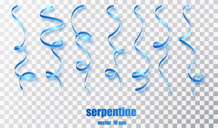 Blue curly ribbon serpentine confetti. Blue streamers set on transparent background. Colorful design decoration party, holiday event, carnival, Christmas, New Year greeting. Vector illustrationのイラスト素材