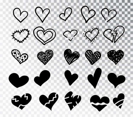 Hearts hand drawn set isolated. Design elements for Valentine s day. Collection of doodle sketch hearts hand drawn with ink. Vector illustration 10 EPS.のイラスト素材