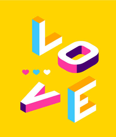 Love colored Memphis style. Isometric word design Banner. Valentines Day illustration. Vector 10 Epsのイラスト素材