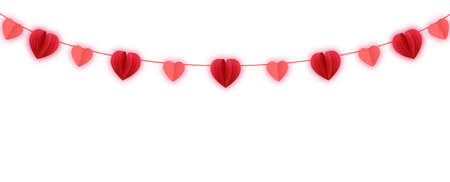 Red Paper hearts garland border. Vector paper cut isolated on white. Hanging Love Valentines hearts. Great for decoration of Valentine and Mothers day cards, wedding invitations, partのイラスト素材