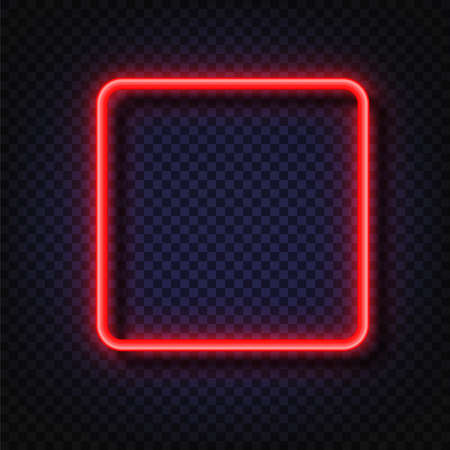 Neon light square banner. Vector Neon light frame sign. Realistic glowing red neon square frame isolated on transparent background. Shining and glowing neon effect.のイラスト素材