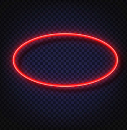 Neon light oval banner. Vector Neon light frame sign. Realistic glowing red neon oval frame isolated on transparent background. Shining and glowing neon effect.のイラスト素材