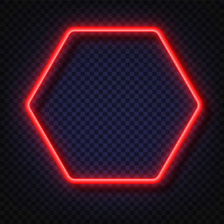Neon light hexagonal banner. Vector Neon light frame sign. Realistic glowing red neon hexagonal frame isolated on transparent background. Shining and glowing neon effect.のイラスト素材