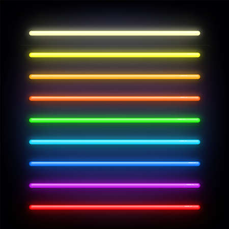 Neon brushes set. Set of colorful light objects on dark background. Neon light sign. Multicolored Shining and glowing neon effect.のイラスト素材