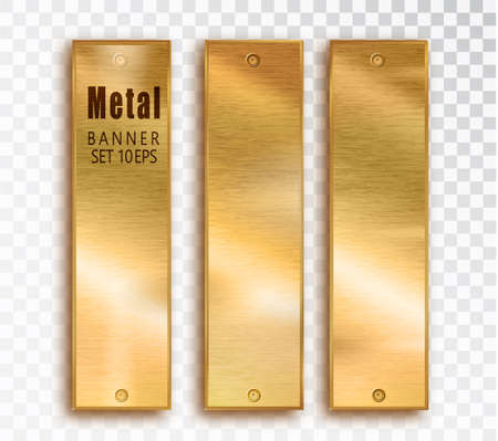 Metal gold vertical banners set realistic. Vector Metal brushed plates with a place for inscriptions isolated on transparent background. Realistic 3D design. Stainless steel background.のイラスト素材