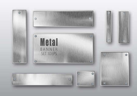 Metal banners set realistic. Vector Metal brushed plates with a place for inscriptions isolated on transparent background. Realistic 3D design. Stainless steel backgroundのイラスト素材