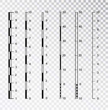 Vector map scales graphics for measuring distances . set of metric rulers in flat style. Measuring scales. Mackup for rulers. Size indicators set isolated on background. Unit distances.のイラスト素材