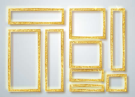 Gold shiny glowing frame set . Vector Gold banners with a place for inscriptions isolated on transparent background. Golden luxury. Realistic 3D design. Vector object 10 eps.のイラスト素材