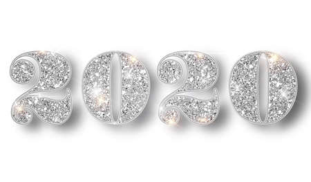 2020 glitter typography design template. Silver sparkling Numbers Design of greeting card of Happy new year design. Silver Shining Pattern. Happy New Year Banner with 2020 Numbers. Vector illustrationのイラスト素材