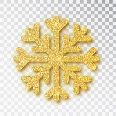 Christmas decoration, golden snowflake covered bright glitter, on transparent background. Xmas ornament gold snow with bright sparkles.のイラスト素材