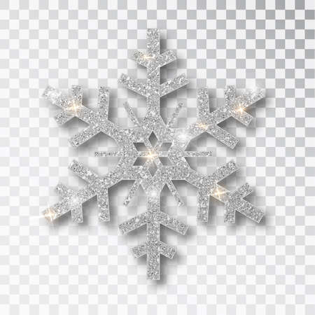 Silver snowflake isolated on a transparent background. Christmas decoration, covered bright glitter. Silver glitter texture snowflake isolated. Xmas ornament silver snow with bright sparkle.のイラスト素材