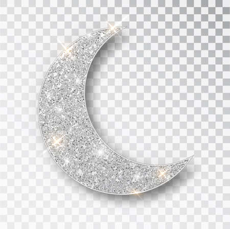 Crescent Islamic for Ramadan Kareem design element isolated. Silver glitter moon vector icon of Crescent Islamic isolated. Luxury silver crescent, half moon gold glittering confetti particles backgroundのイラスト素材