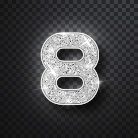 Silver glitter alphabet numbers 8 with shadow. Vector realistick shining silver font number eight of sparkles on black background. For decoration of cute wedding, anniversary, party, label, headline, poster, stickerのイラスト素材