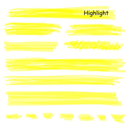 Hand drawn highlight marker lines set. Highlighter yellow strokes vector isolated on white background. Highlighter drawing design illustration.のイラスト素材