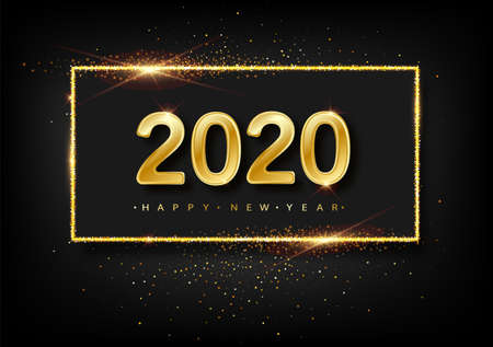Happy New Year of glitter gold fireworks. Vector golden glittering text and 2020 numbers with sparkle shine for holiday greeting card.のイラスト素材