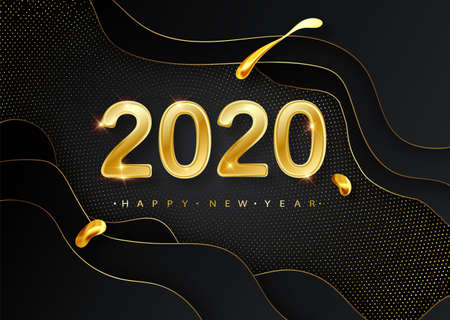 Happy New 2020 Year. Vector holiday illustration. Golden numbers on black background textured with...