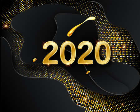Happy New 2020 Year. Vector holiday illustration. Golden numbers on black background textured with shimmering glitters. Halftone glowing pattern. Christmas holiday greeting card on black background.のイラスト素材