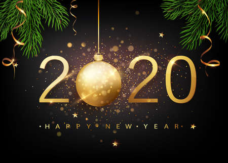 2020 Happy new year. Gold Numbers Design of greeting card of Falling Shiny Confetti. Gold Shining...