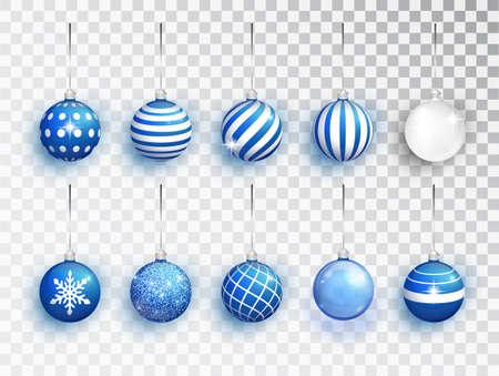 Blue Christmas balls set of with different patterns isolated. Holiday decoration template. Vector illustrationのイラスト素材
