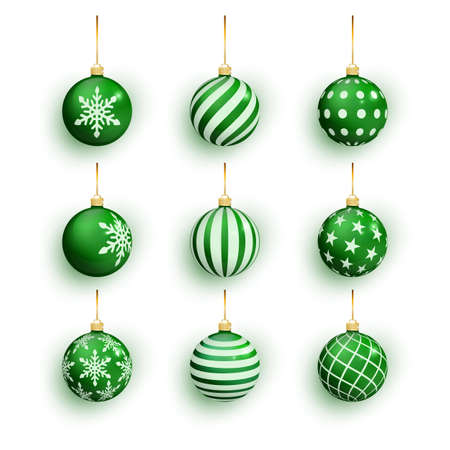 Green christmas balls isolated on white. Set Christmas tree toy set isolated . Vector object for christmas design, mockup. Stocking Christmas decorations.のイラスト素材