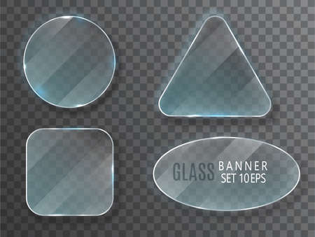 Glass transparent banners set. Vector glass plates with a place for inscriptions isolated on transparent background. Flat glass. Realistic 3D design. Vector transparent object 10 eps.のイラスト素材