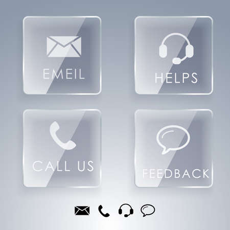 Four contact buttons in flat style isolated on white background, vector illustration, eps 10, with transparency. Icons on glass plates. Colorful web design elements. Bannerのイラスト素材