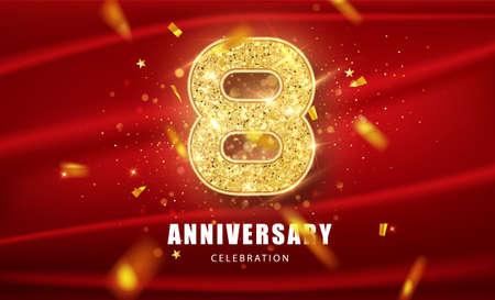 8 Golden glitter numbers and Anniversary Celebration text with golden confetti on red background. Eighth anniversary celebration event vector templateのイラスト素材