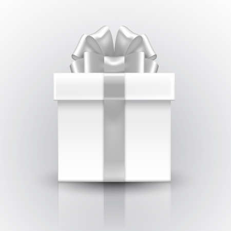 Gift box with a bow silver. Volume realistic 3D vector object on your design template.のイラスト素材