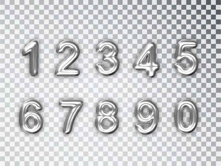 Silver numbers set isolated. Realistic Silver shiny 3d numbers with shadow. For decoration of cute wedding, anniversary party label.のイラスト素材