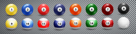 Billiard, pool balls collection. Snooker. Realistic balls on transparent background. Vector design elements.のイラスト素材