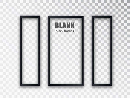 Vertical frames mockup template isolated on transparent background. Black blank picture frames. Empty frame.のイラスト素材