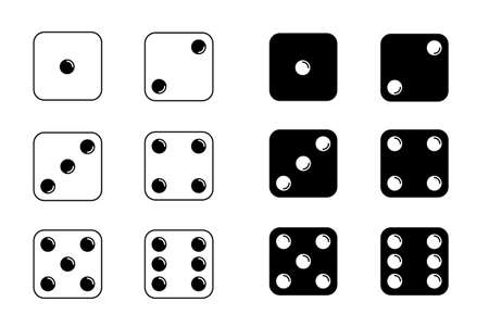Game dice. Set of game dice, isolated on white background. Dice in a flat and linear design from one to six. Vector illustration.のイラスト素材