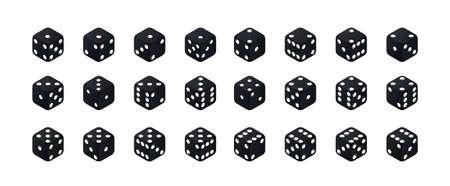 Isometric dice. Variants black game cubes isolated on white background. All possible turns authentic collection icons in realistic style. Gambling concept.のイラスト素材