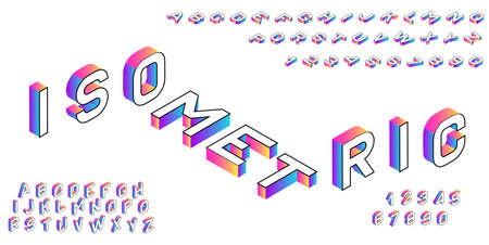 Isometric font. Creative colored geometric alphabet. 3d gradient letters numbers sign vector setのイラスト素材
