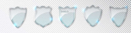Glass shields set. Blank acrylic screen panels guard and defense symbol template isolated on transparent background. Realistic 3d vector iconのイラスト素材