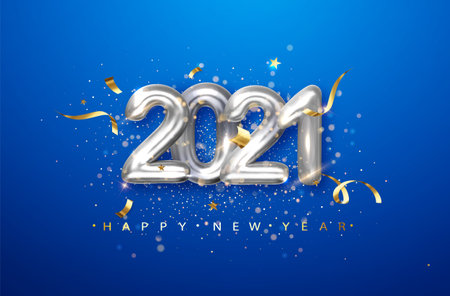 2021 silver metal numerals on a blue background. Holiday illustration with date 2021.のイラスト素材
